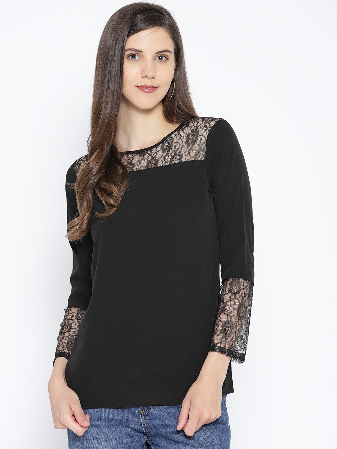 

Karmic Vision Women Black Solid Semi-Sheer Top