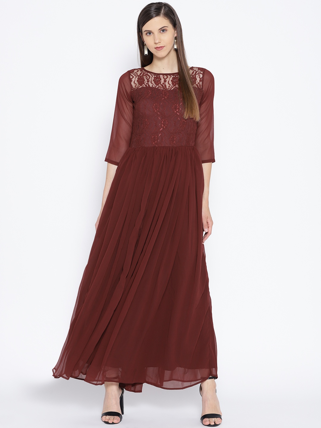 

Karmic Vision Women Burgundy Lace Detailed Maxi Dress