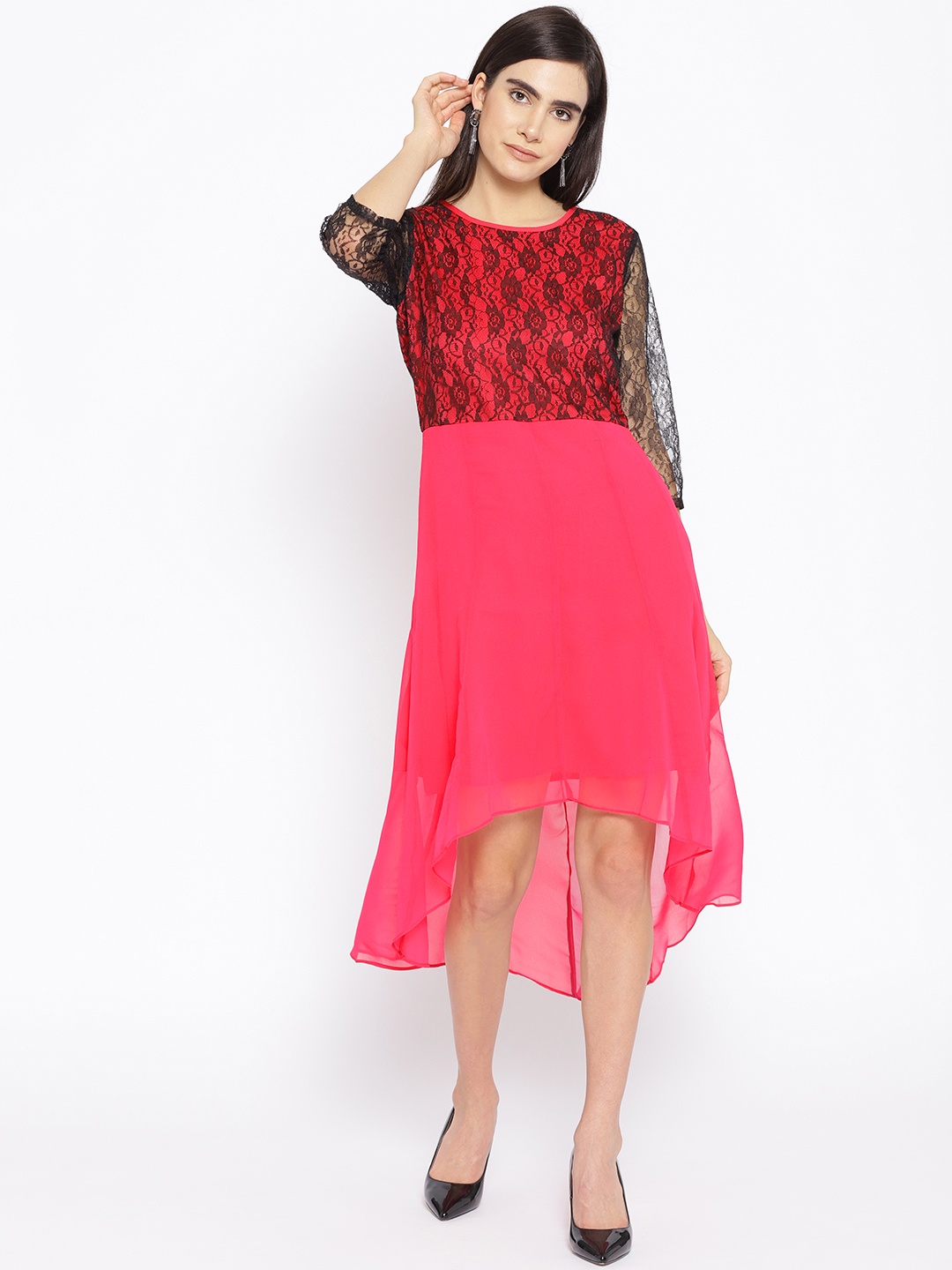 

Karmic Vision Women Fuchsia & Black Lace Detailed High-Low A-Line Dress