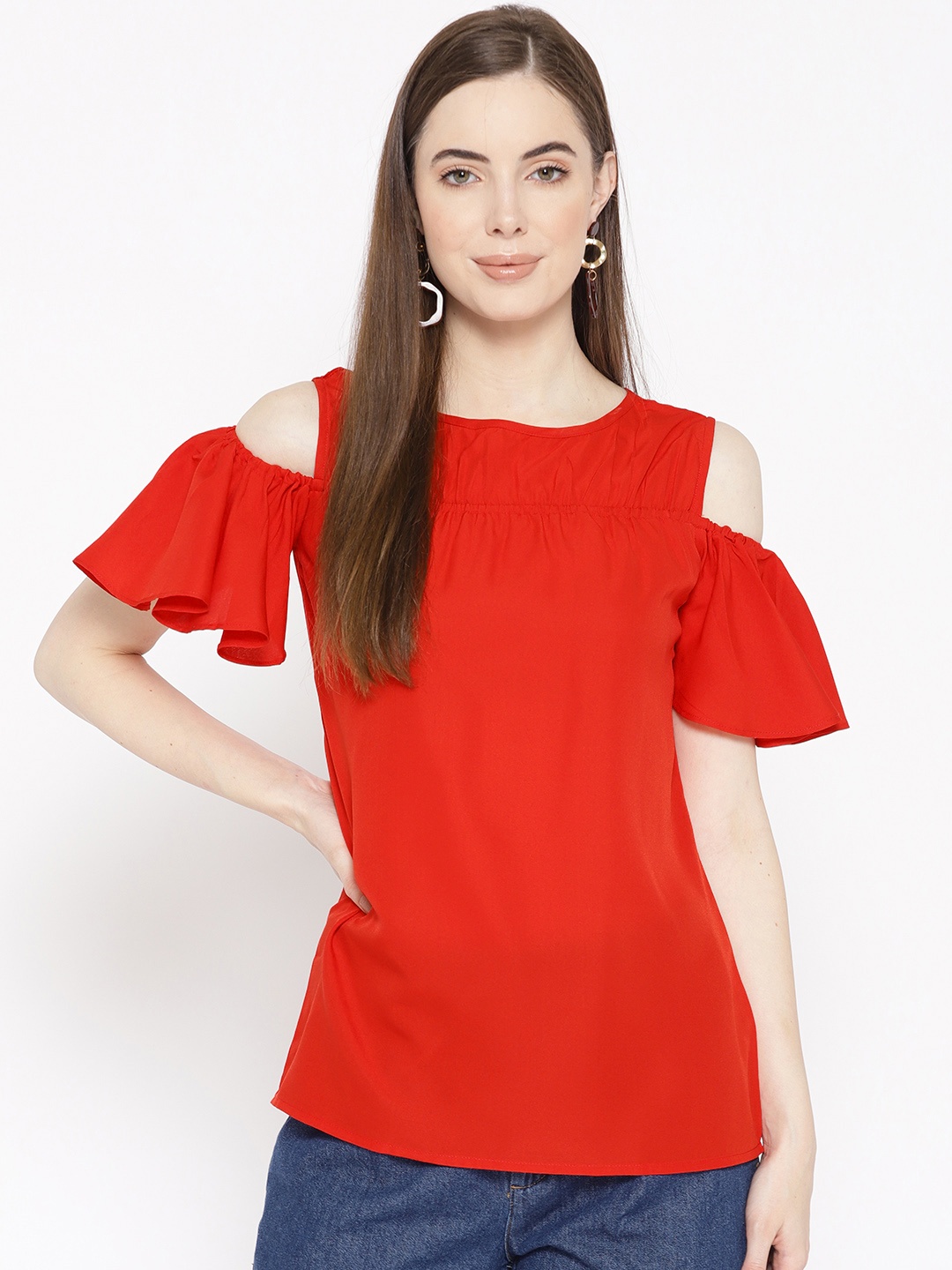 

Karmic Vision Women Red Solid Cold-Shoulder Top