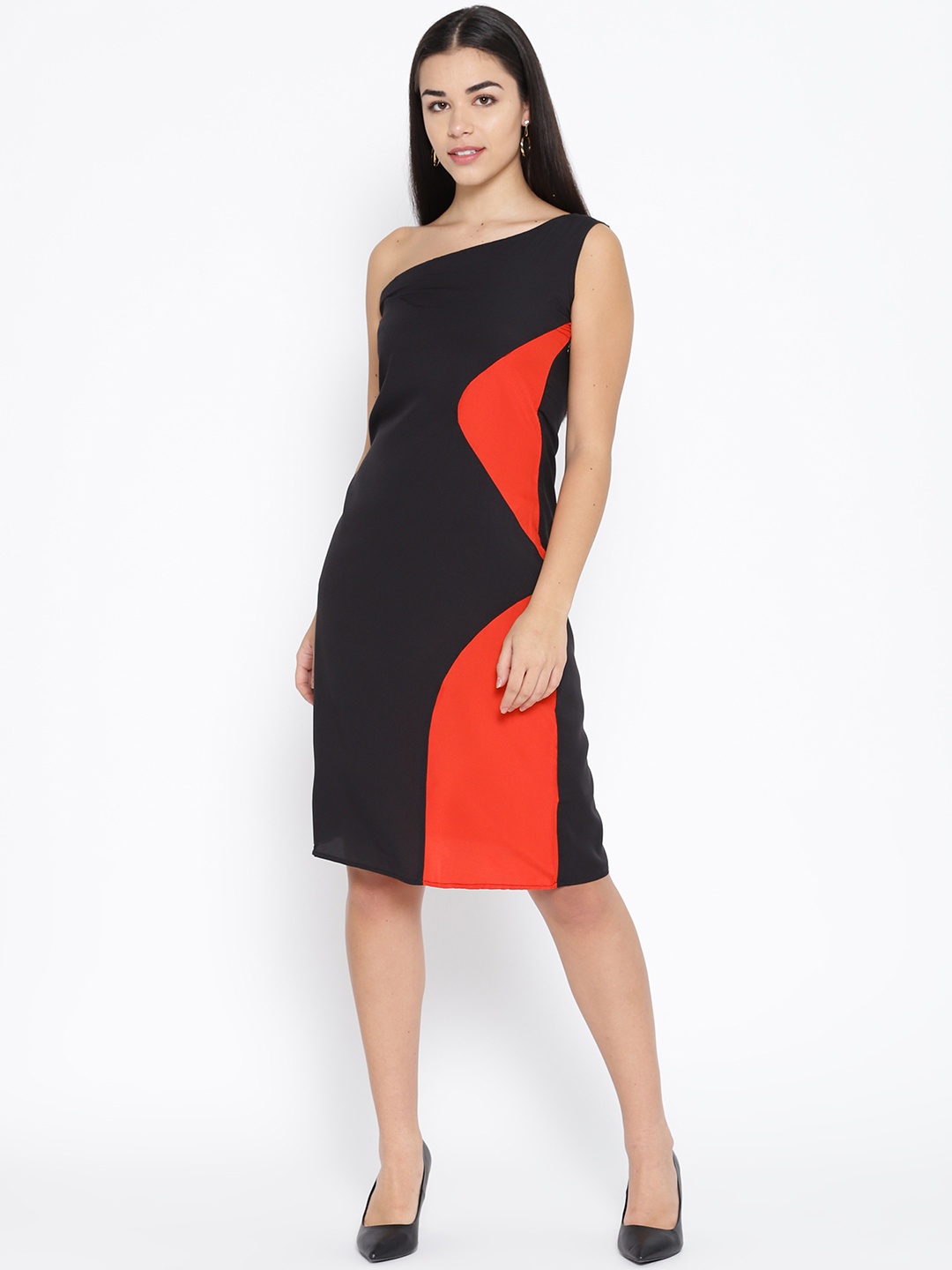 

Karmic Vision Women Black & Red Colourblocked One Shoulder A-Line Dress