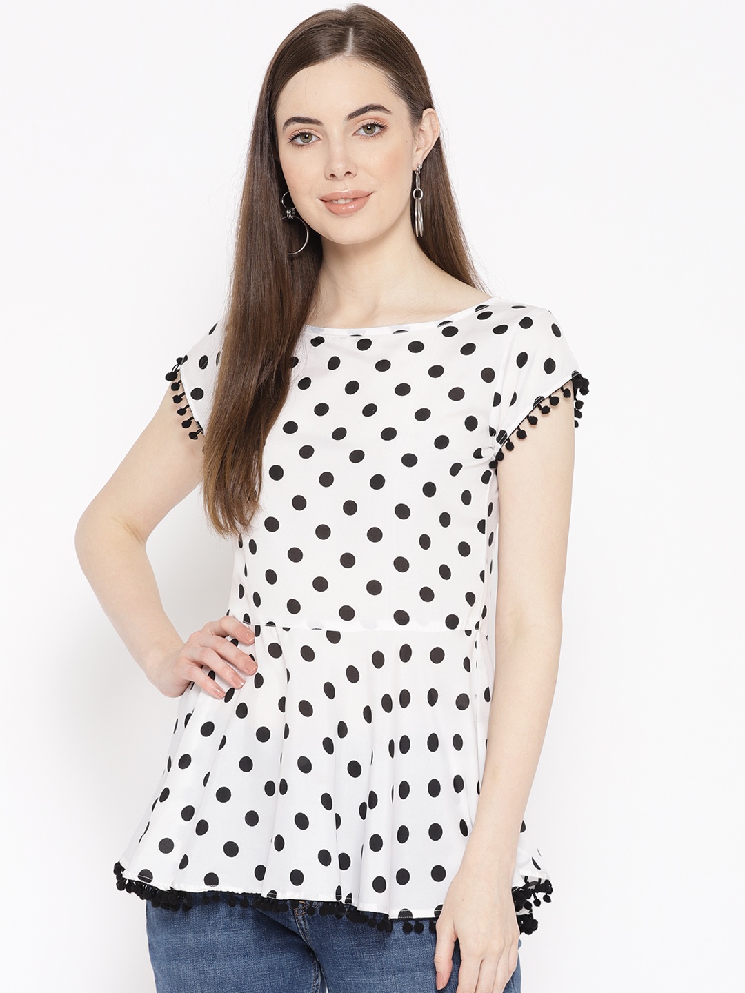 

Karmic Vision Women White & Black Polka Dots Print A-Line Top