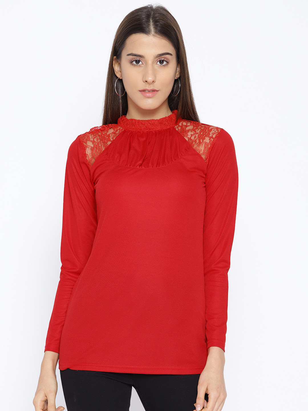 

Karmic Vision Women Red Solid Lace Inserts Top
