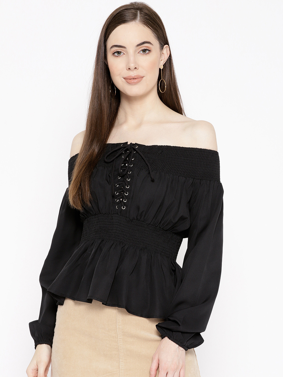 

Karmic Vision Women Black Solid Bardot Top