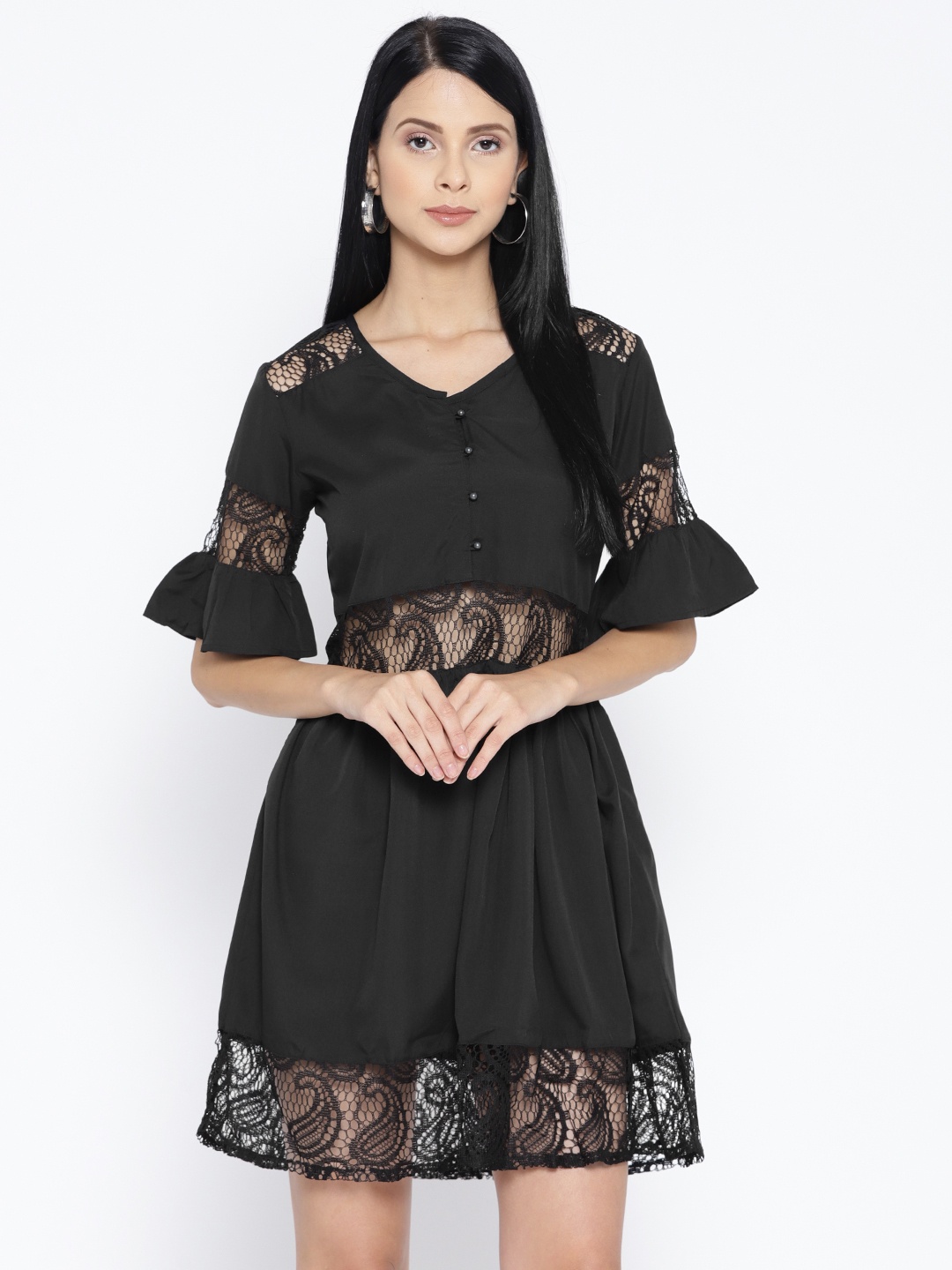 

Karmic Vision Women Black Lace Inserts Fit & Flare Dress