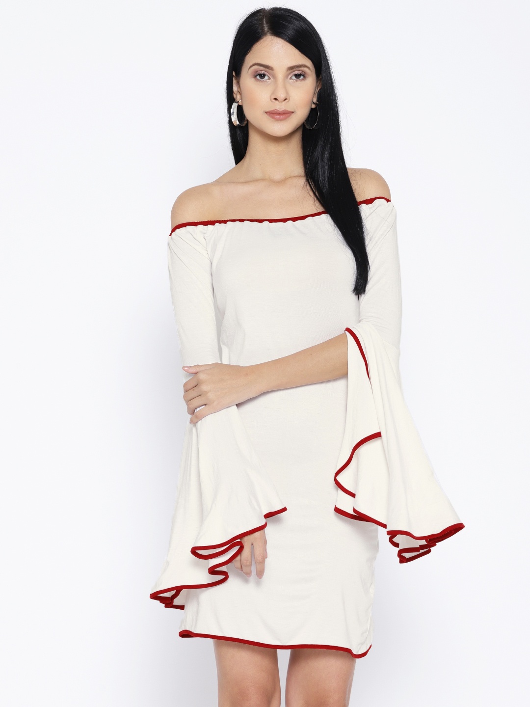 

Karmic Vision Women Off-White & Maroon Solid Sheath Dress