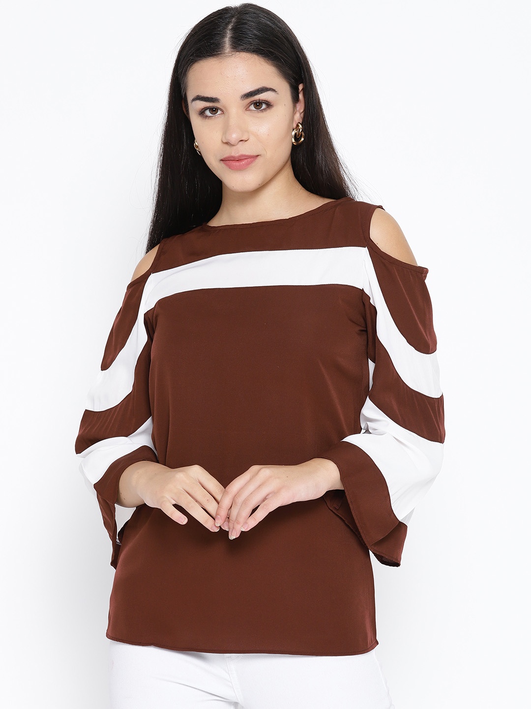 

Karmic Vision Women Brown & White Panelled Detail Cold-Shoulder Top