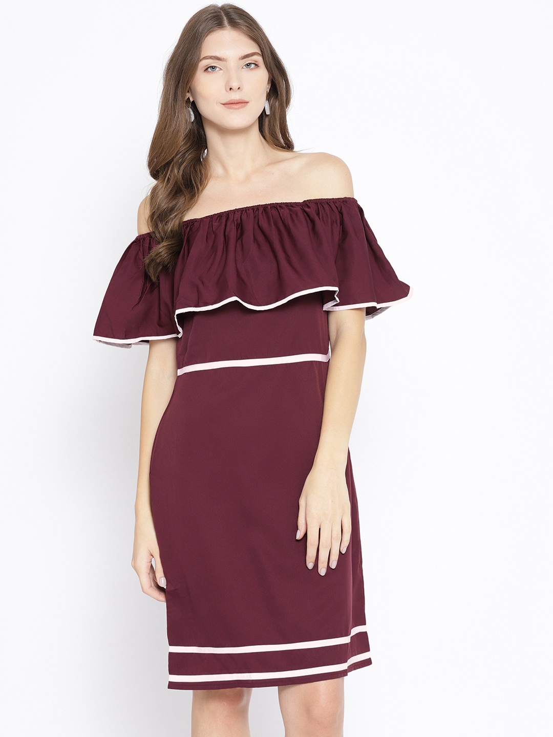 

Karmic Vision Women Burgundy Solid Off-Shoulder Sheath Dress