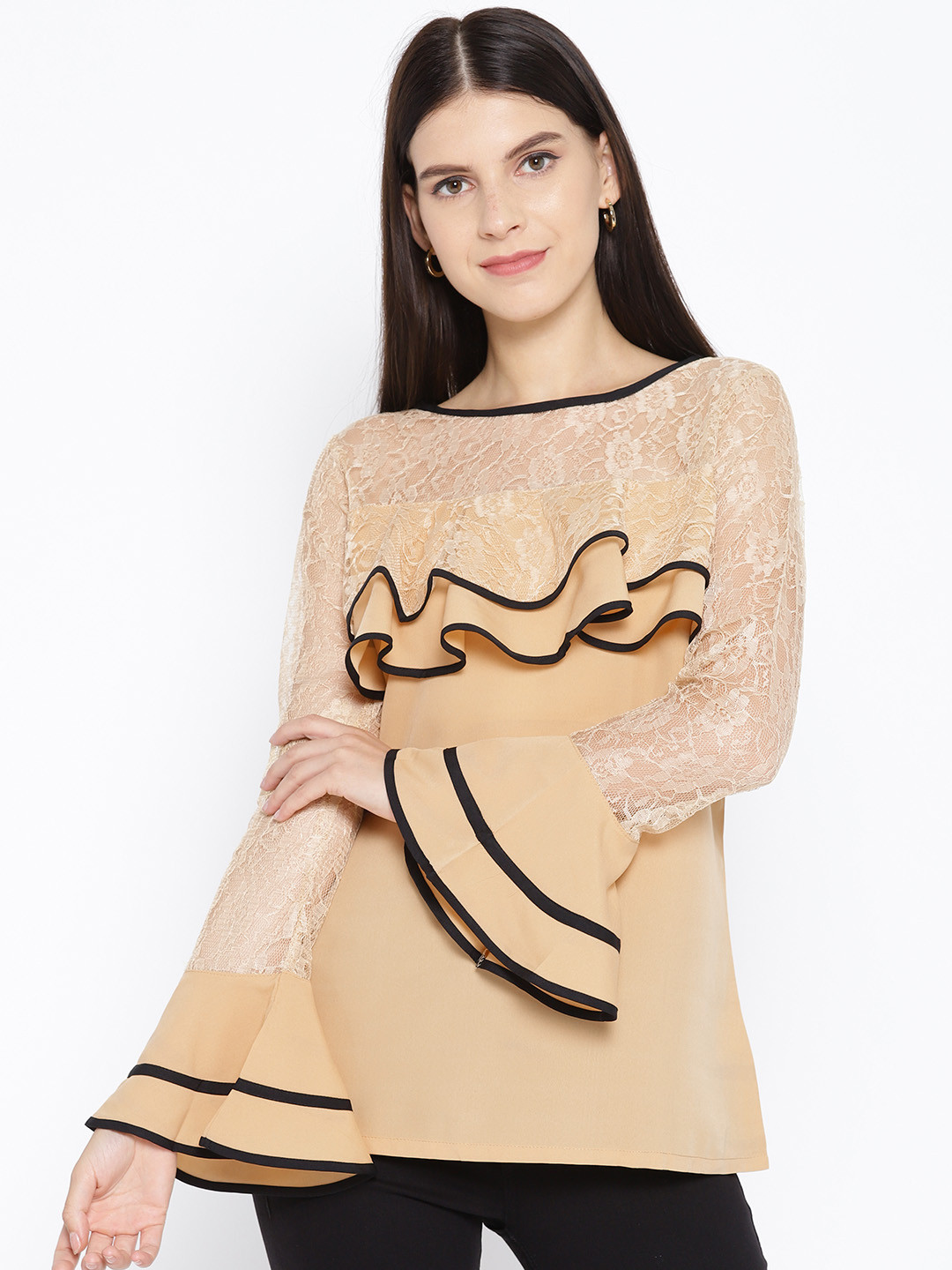 

Karmic Vision Women Beige Solid Lace Detail Top