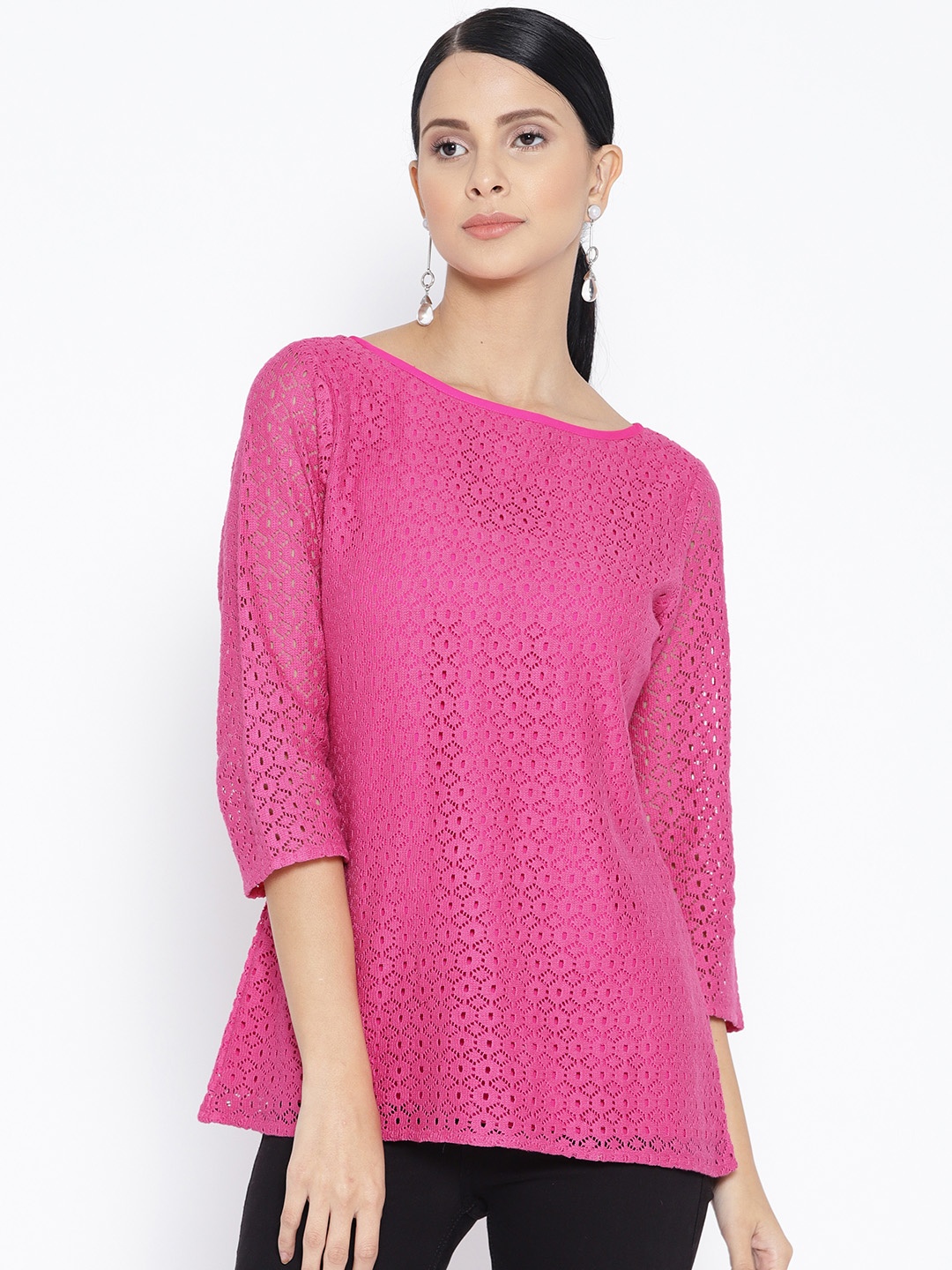 

Karmic Vision Women Pink Crochet Lace A-Line Top