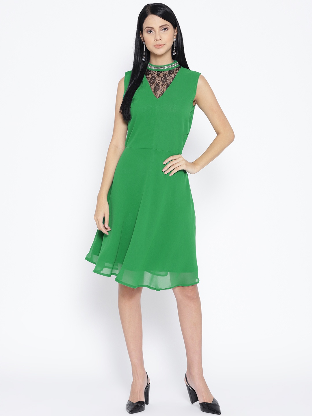

Karmic Vision Women Green Solid Fit & Flare Dress