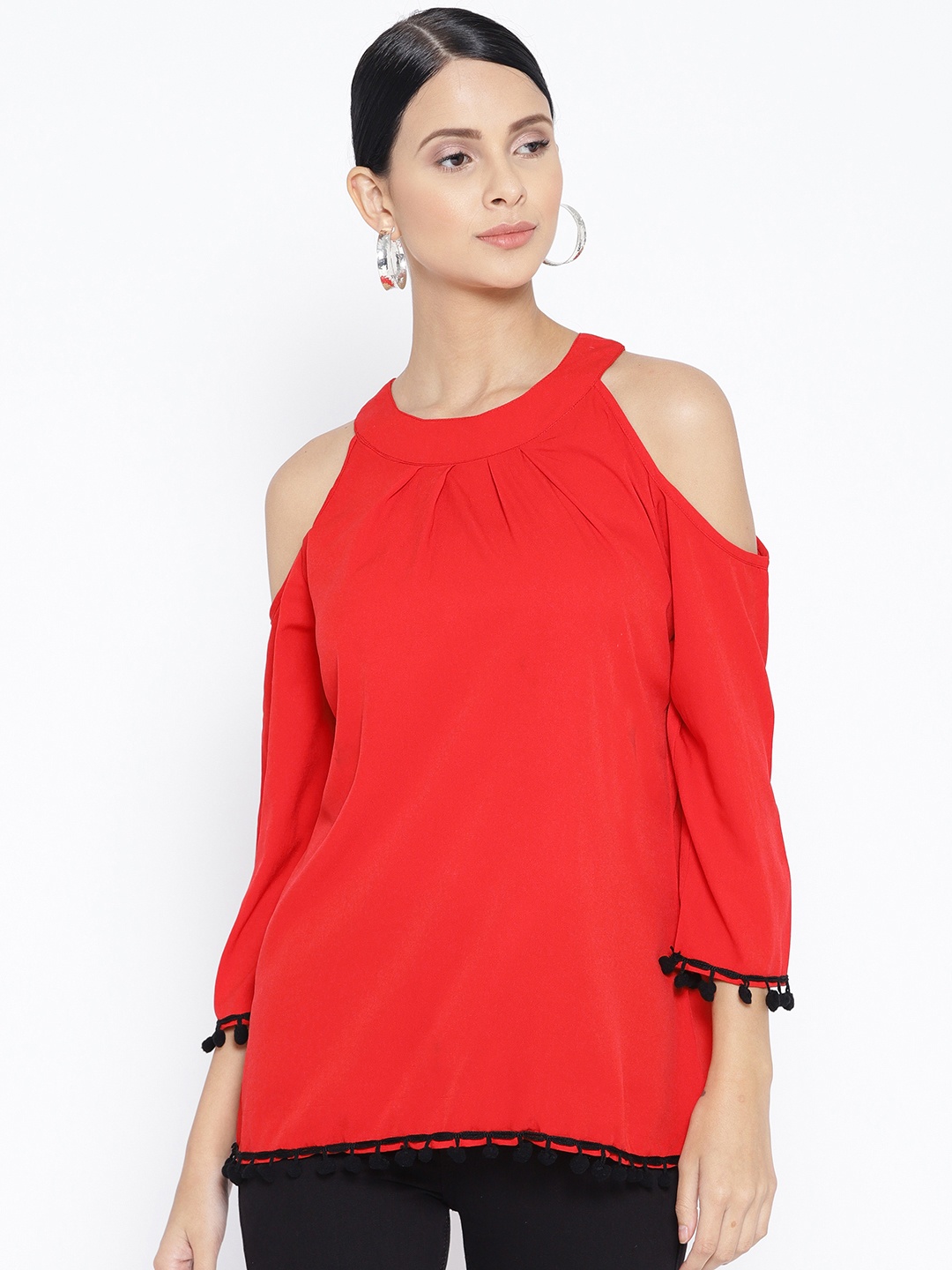 

Karmic Vision Women Red Solid Cold-Shoulder Top