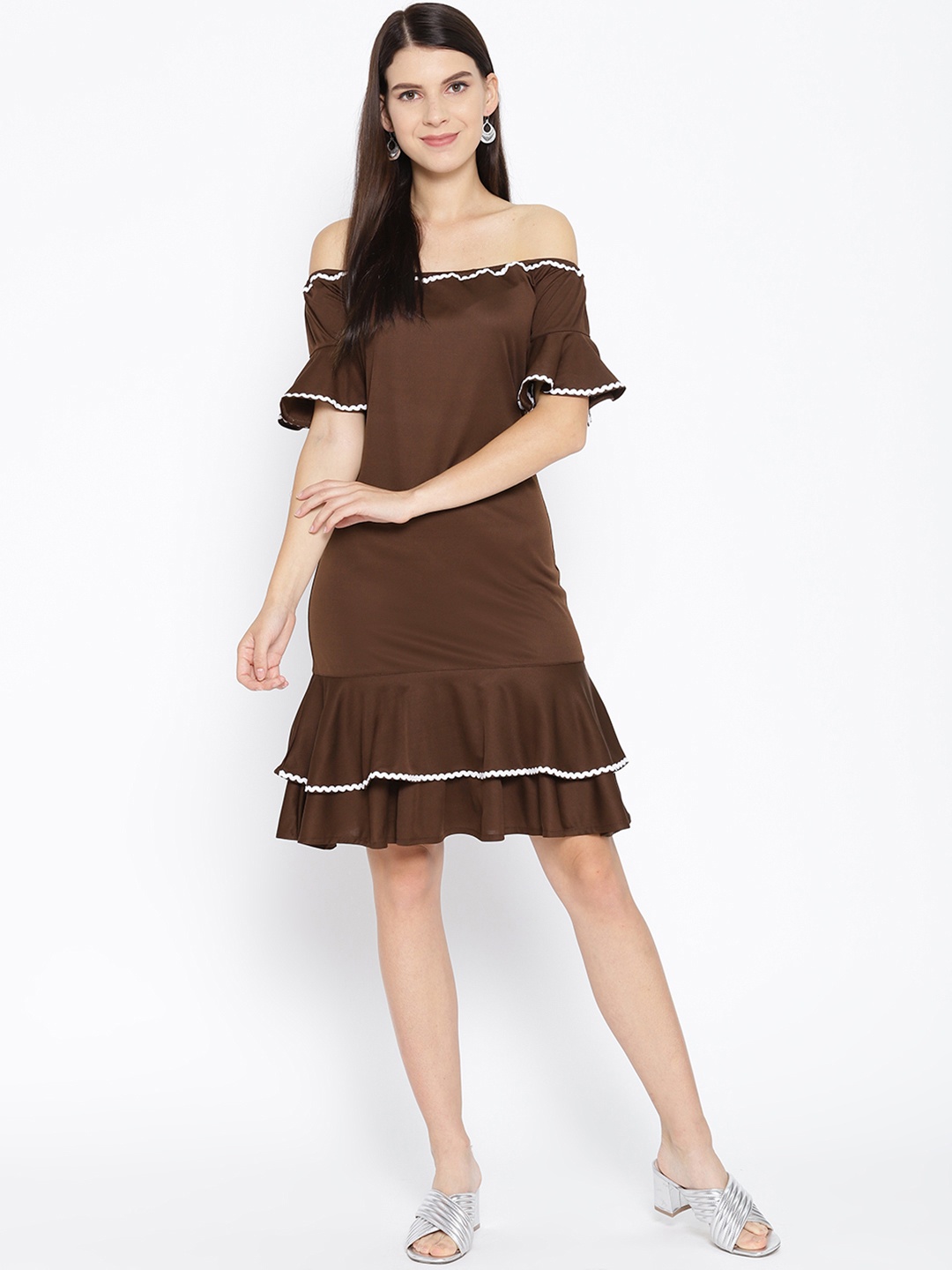 

Karmic Vision Women Brown Solid Off-Shoulder A-Line Dress