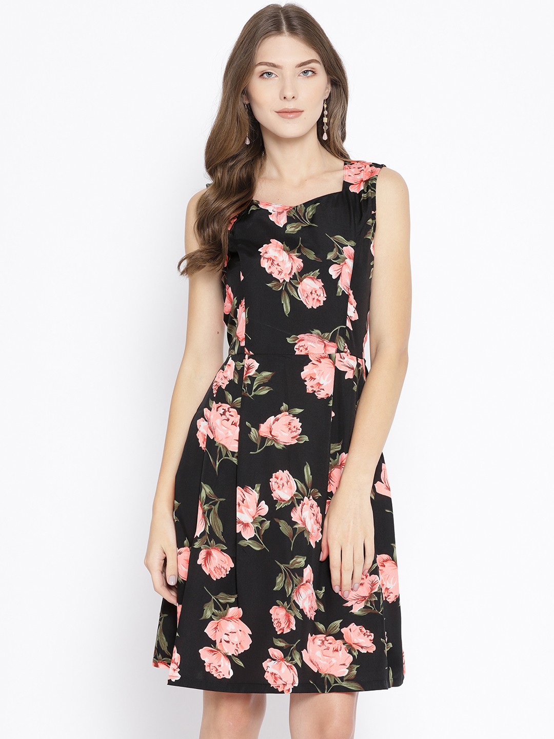 

Karmic Vision Women Black & Peach-Coloured Printed Fit & Flare Dress