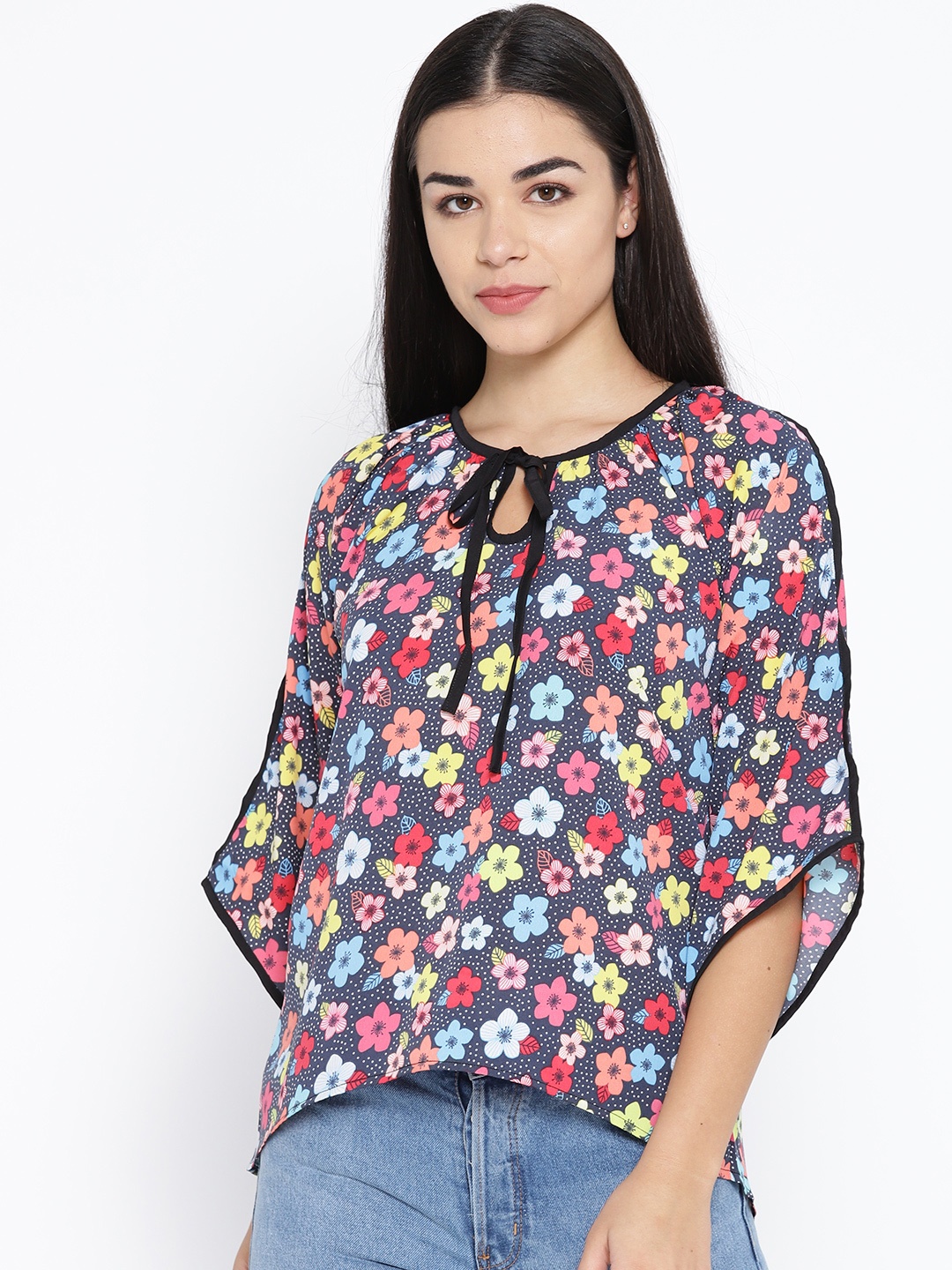 

Karmic Vision Women Navy Blue & Pink Printed Top