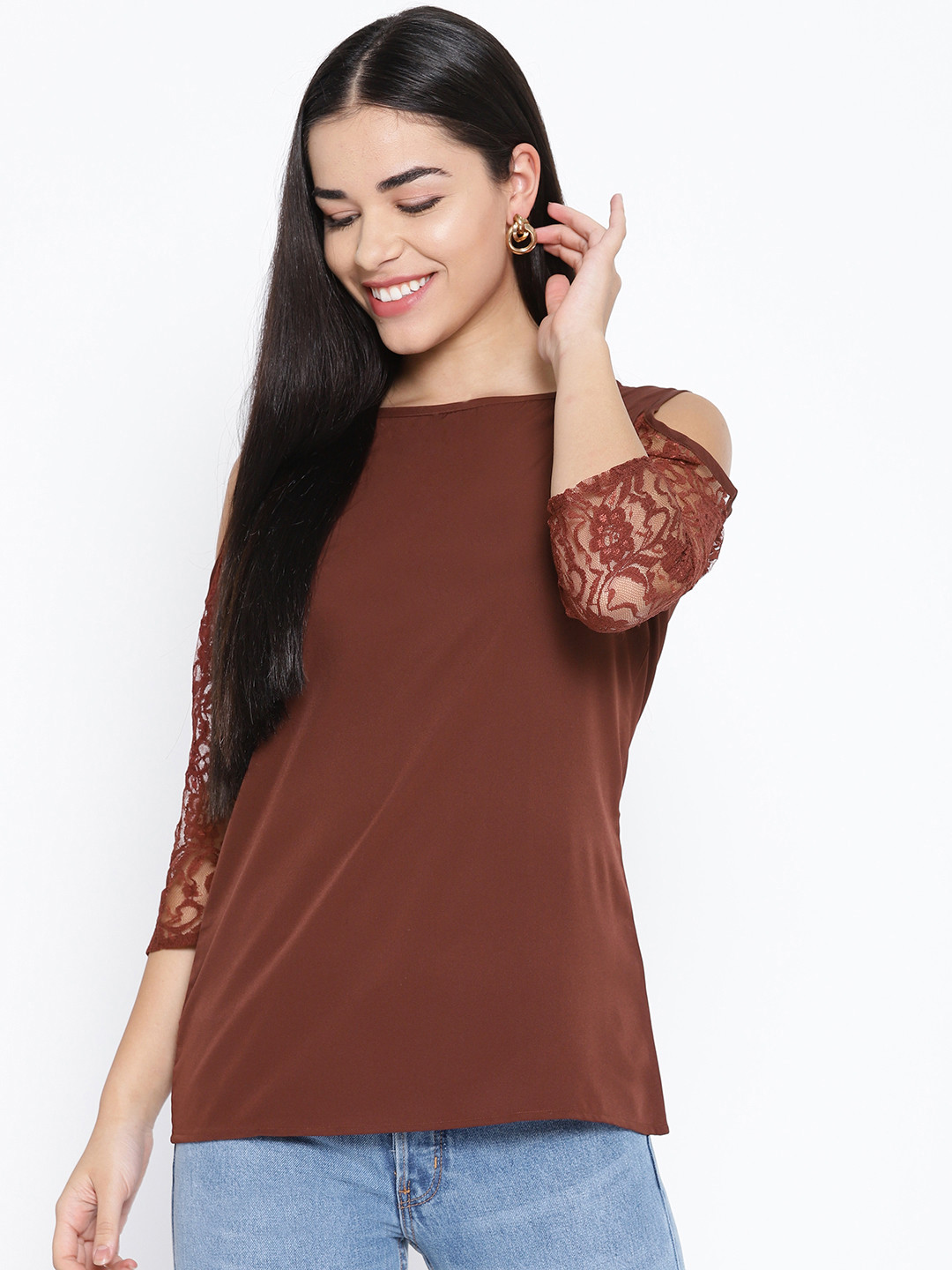 

Karmic Vision Women Brown Solid Cold-Shoulder Top