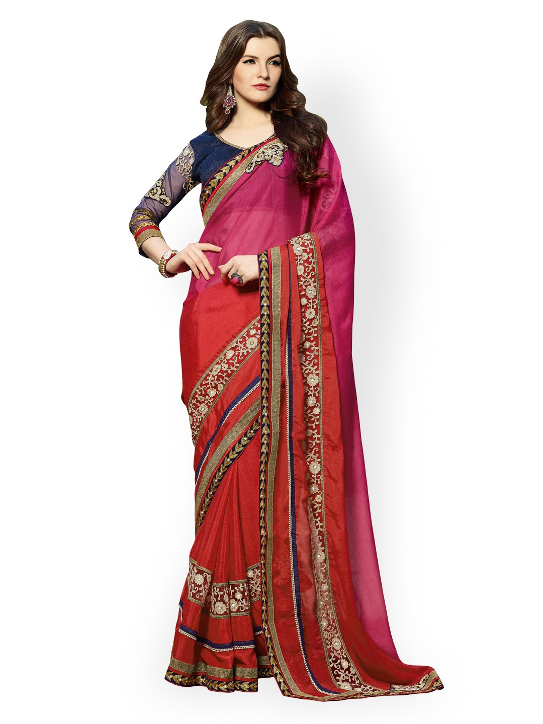 

Kvsfab Pink & Red Embroidered Georgette Saree