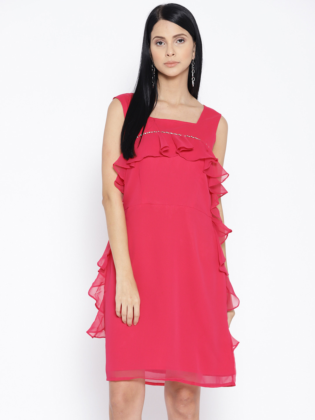 

Karmic Vision Women Fuchsia Solid Ruffled A-Line Dress
