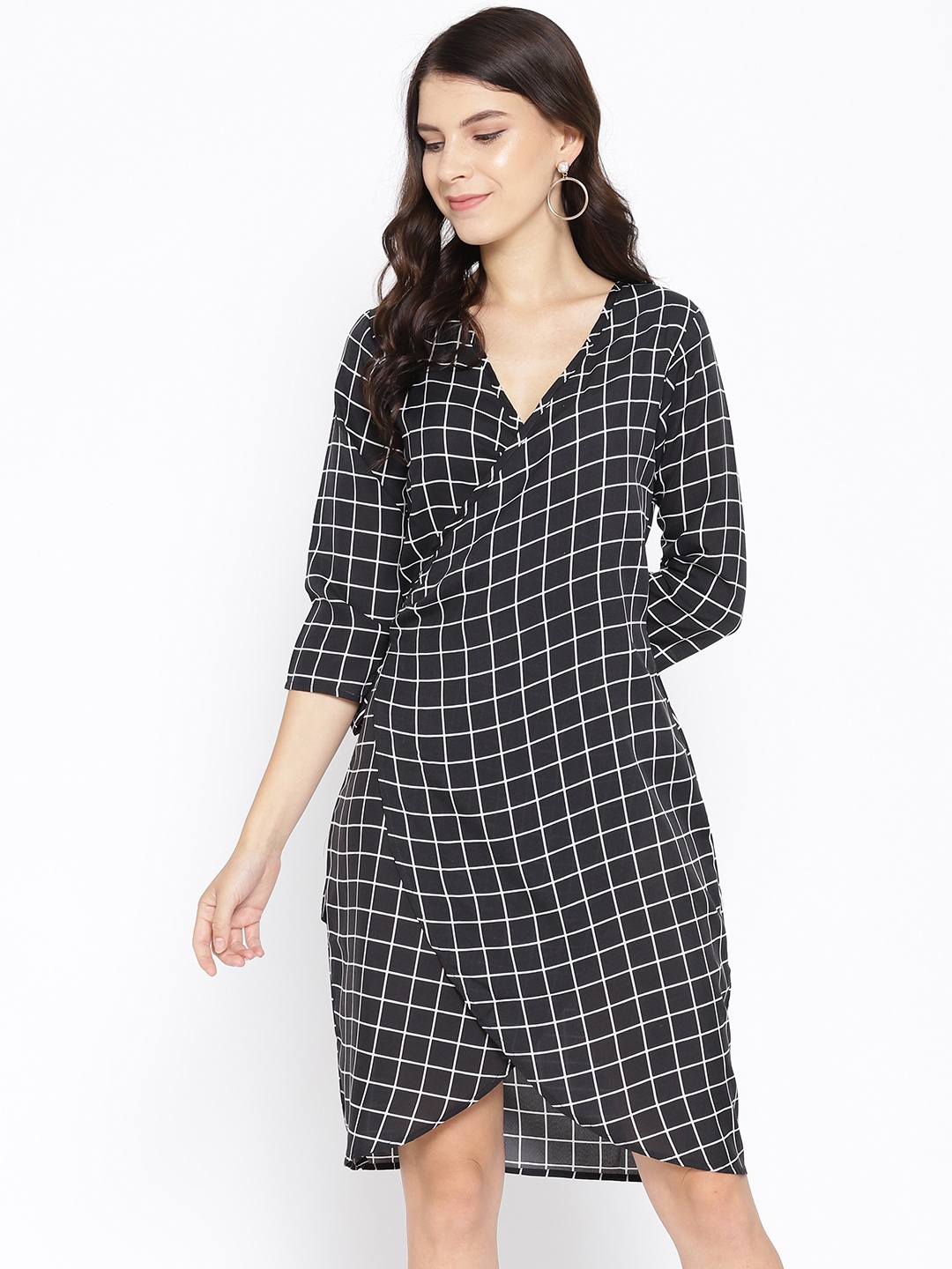 

Karmic Vision Women Black & White Checked Wrap Dress