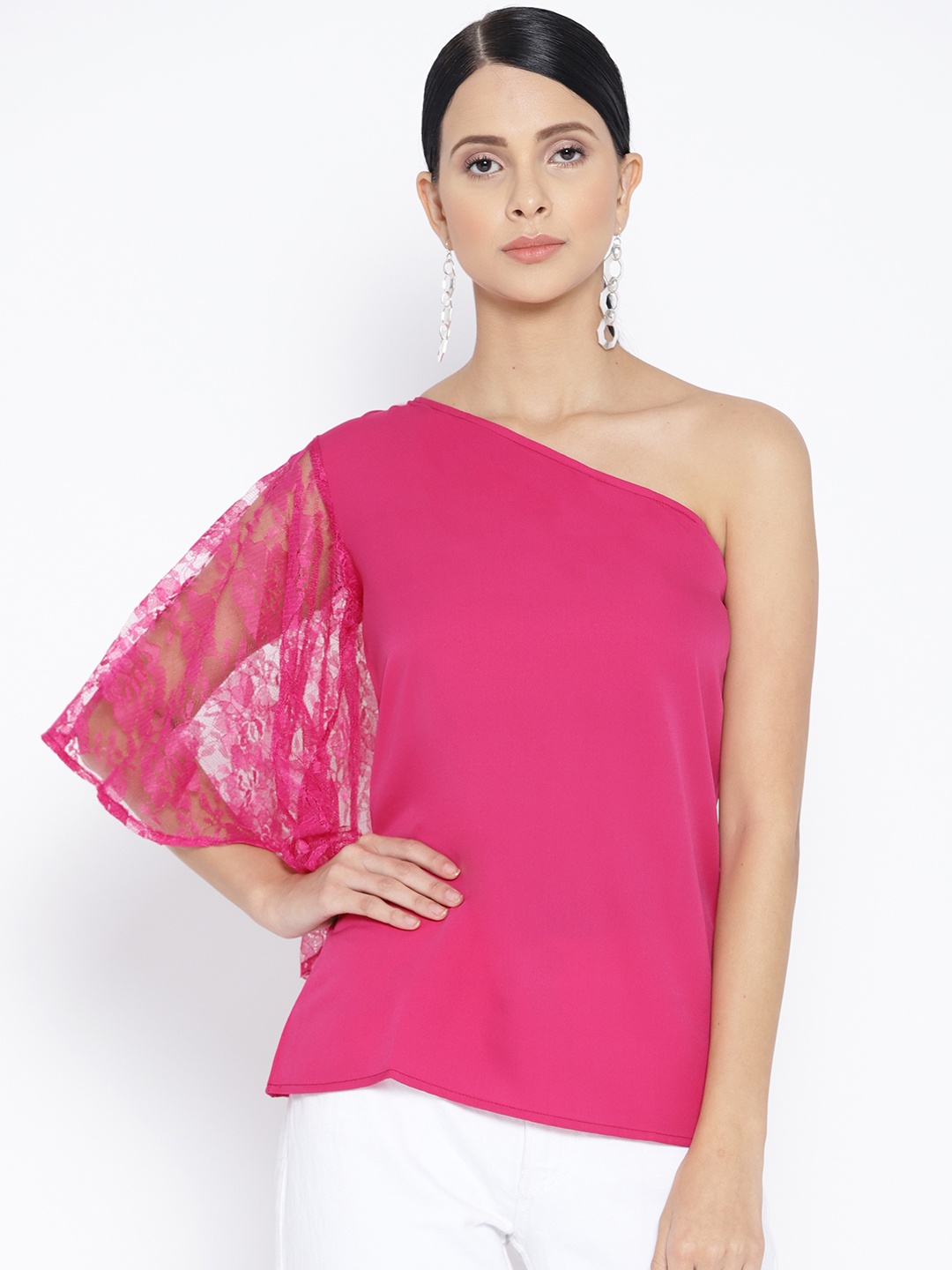 

Karmic Vision Women Pink Solid One-Shoulder Top