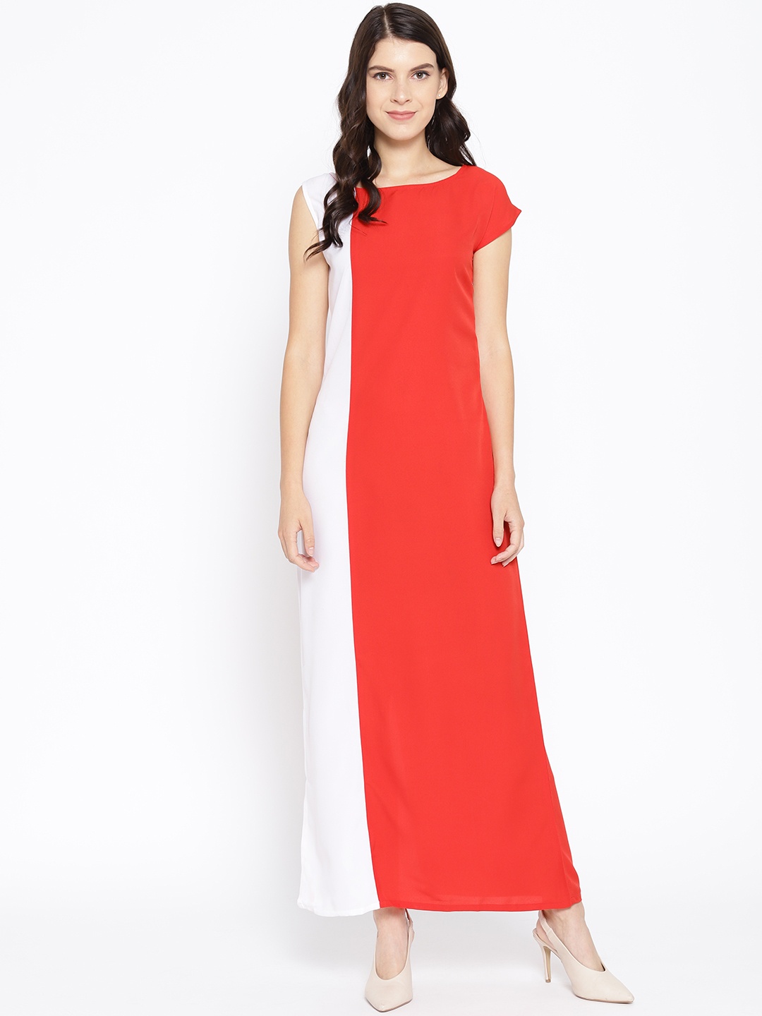 

Karmic Vision Women Red & White Colourblocked Maxi Dress