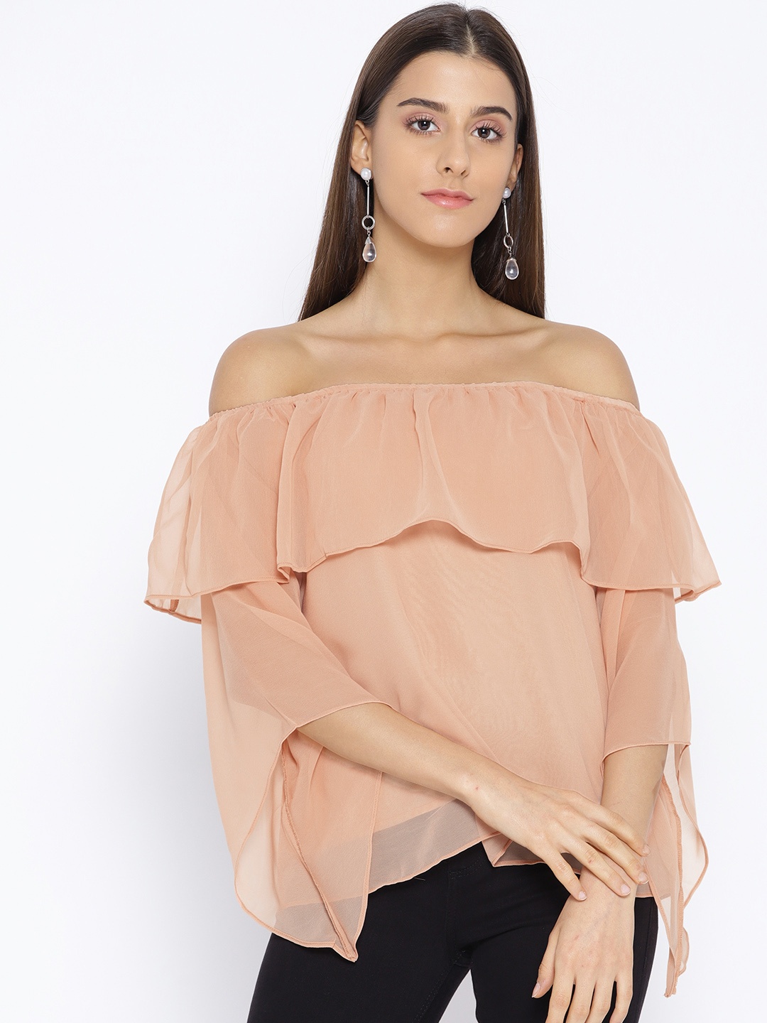

Karmic Vision Women Beige Solid Layered Bardot Top