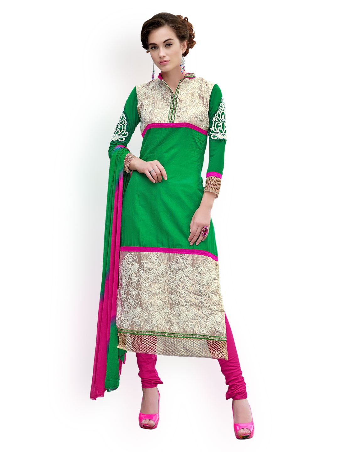 

Blissta Green & Pink Cotton Unstitched Dress Material