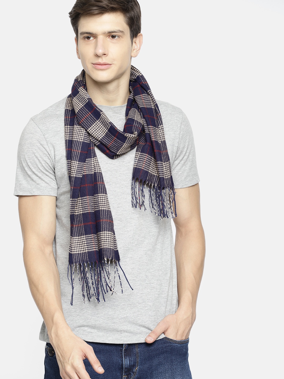 

Mast & Harbour Unisex Navy Blue & Beige Checked Acrylic Scarf