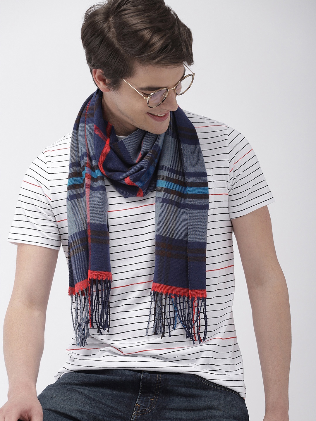 

Mast & Harbour Unisex Navy Blue & Red Checked Acrylic Scarf