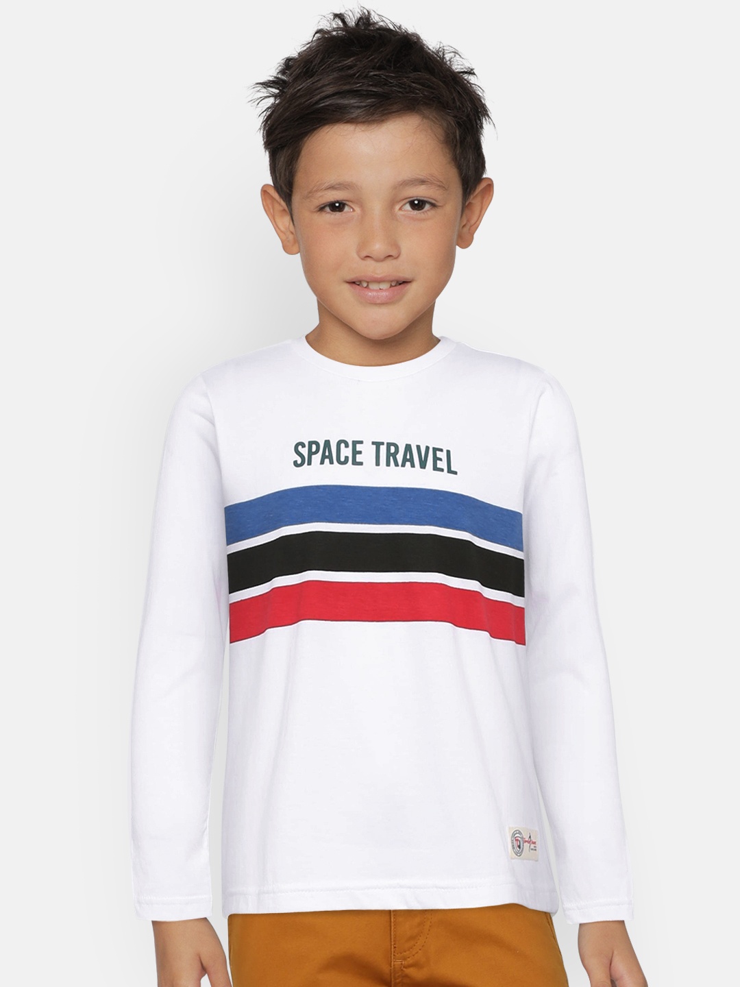 

Indian Terrain Boys White Blue Striped Cowl Neck Pure Cotton T-shirt