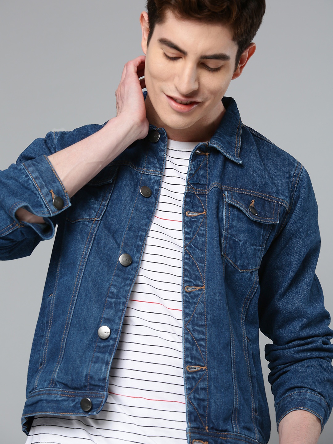

Mast & Harbour Men Navy Blue Washed Denim Jacket