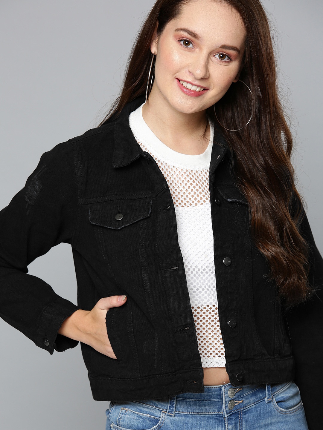 

Mast & Harbour Women Black Solid Denim Jacket