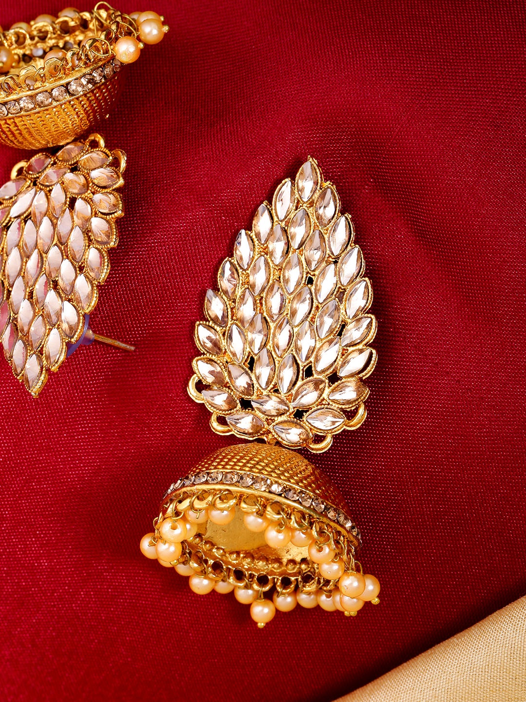 

Priyaasi Gold-Plated Kundan-Studed & Beaded Jadau Leaf Shaped Jhumkas