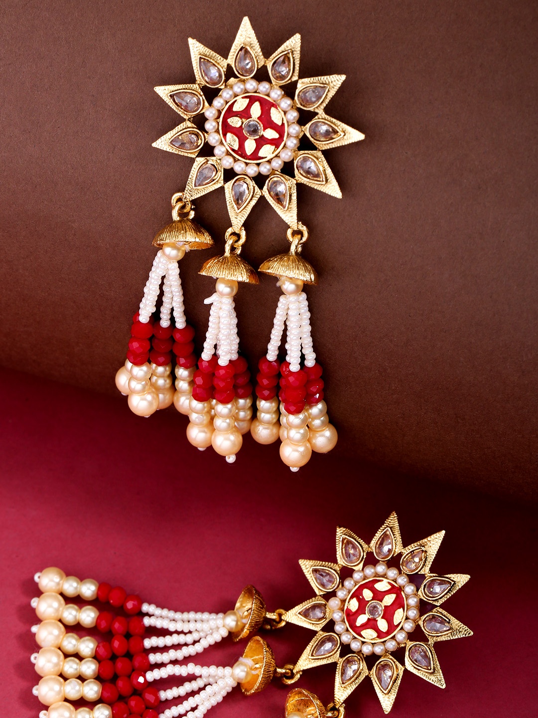 

Priyaasi White & Red Gold-Plated Stone-Studed & Beaded Handcrafted Classic Drop Earrings