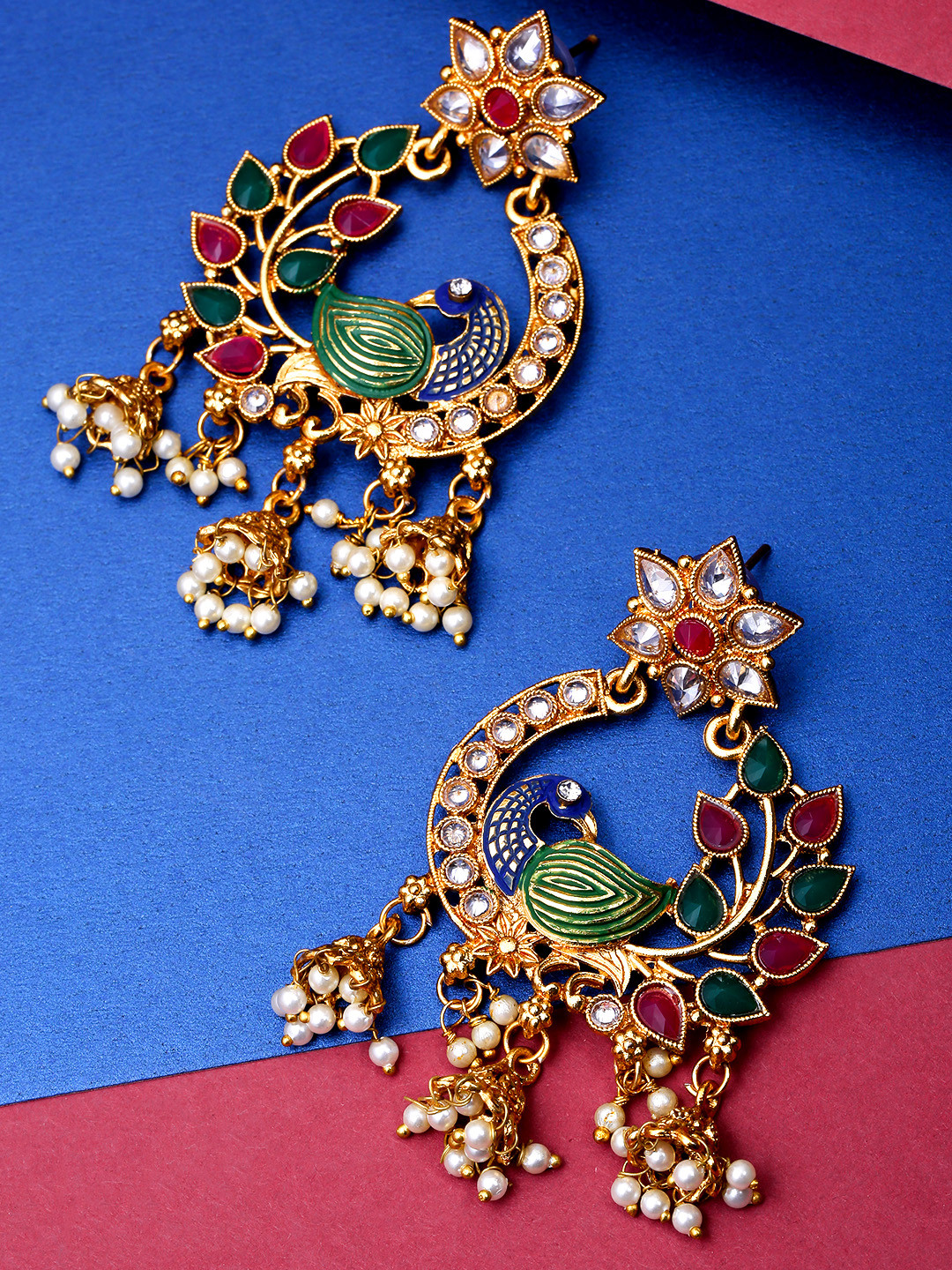 

Priyaasi Magenta & Green Gold-Plated Peacock Shaped Drop Earrings