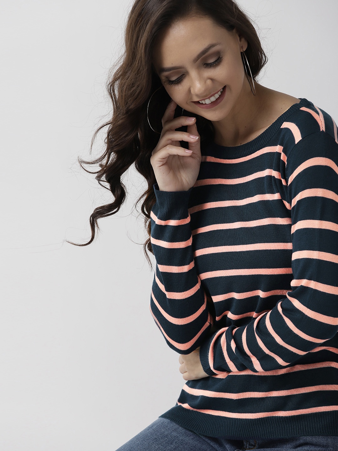 

Mast & Harbour Women Navy Blue & Peach-Coloured Striped Sweater