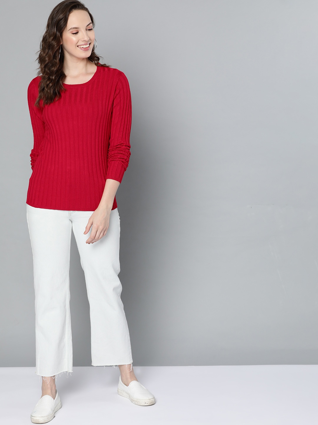 

Mast & Harbour Women Red Self-Striped Pullover Sweater