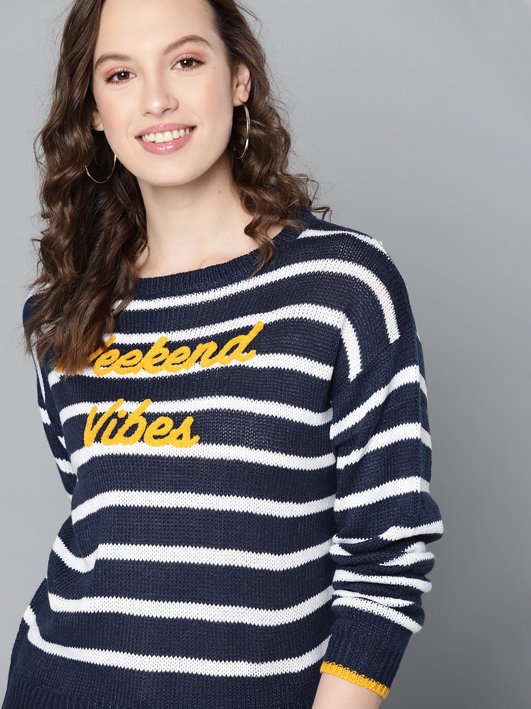 

Mast & Harbour Women Navy & White Striped Pullover Sweater, Navy blue