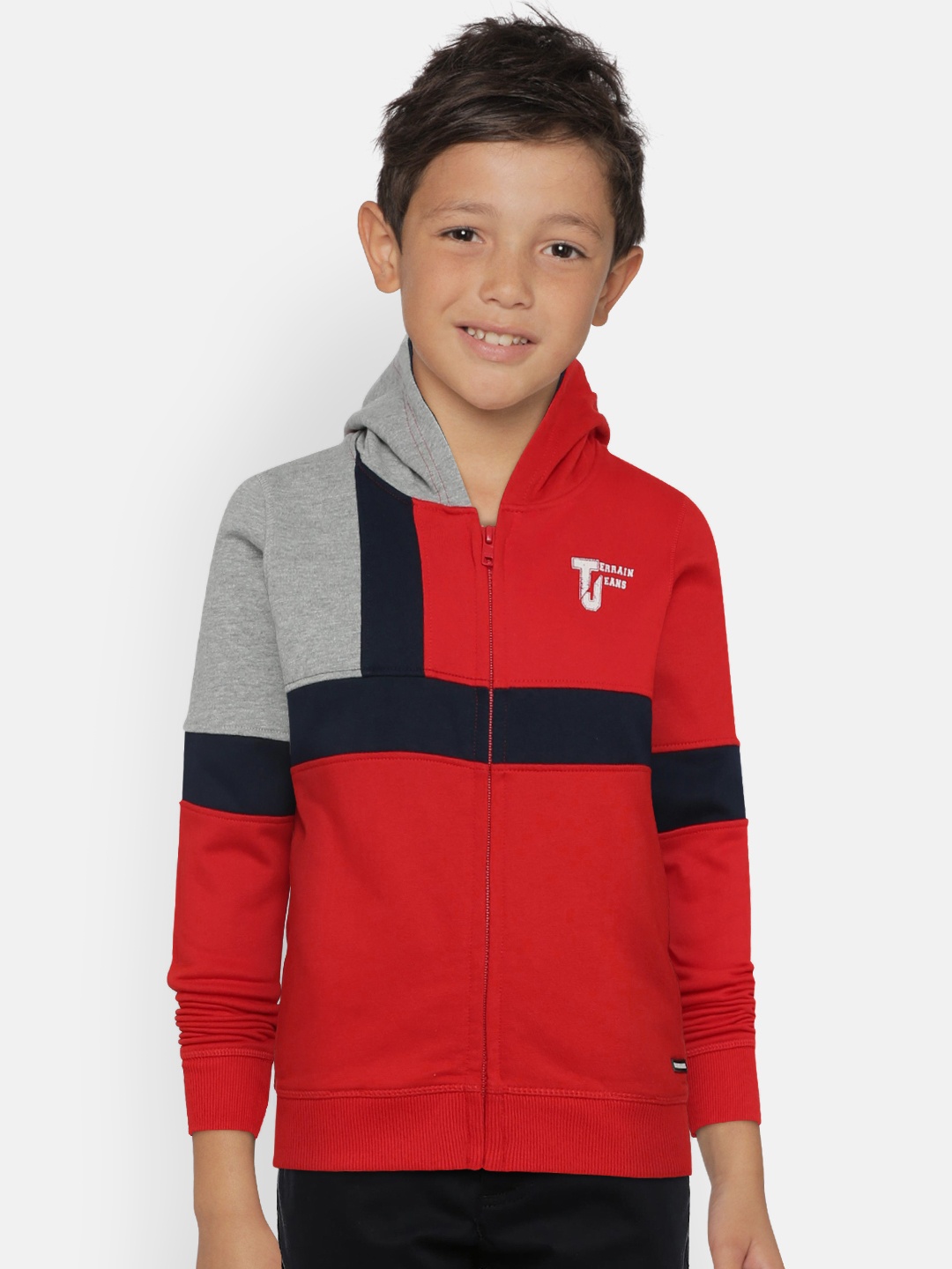 

Indian Terrain Boys Red & Blue Colourblocked Hooded Sweatshirt