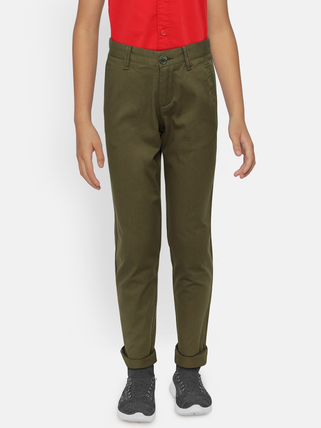 

Indian Terrain Boys Olive Green Solid Regular Trousers