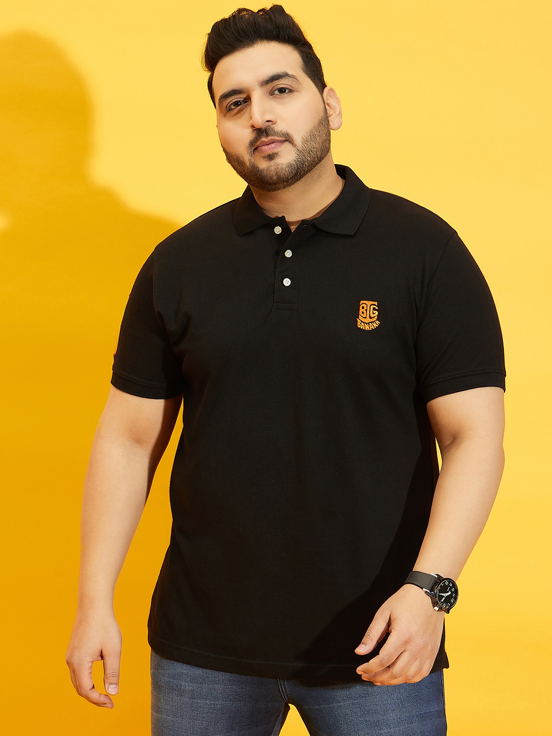 bigbanana Plus Size Men Black Solid Polo Collar Pure Cotton T-shirt