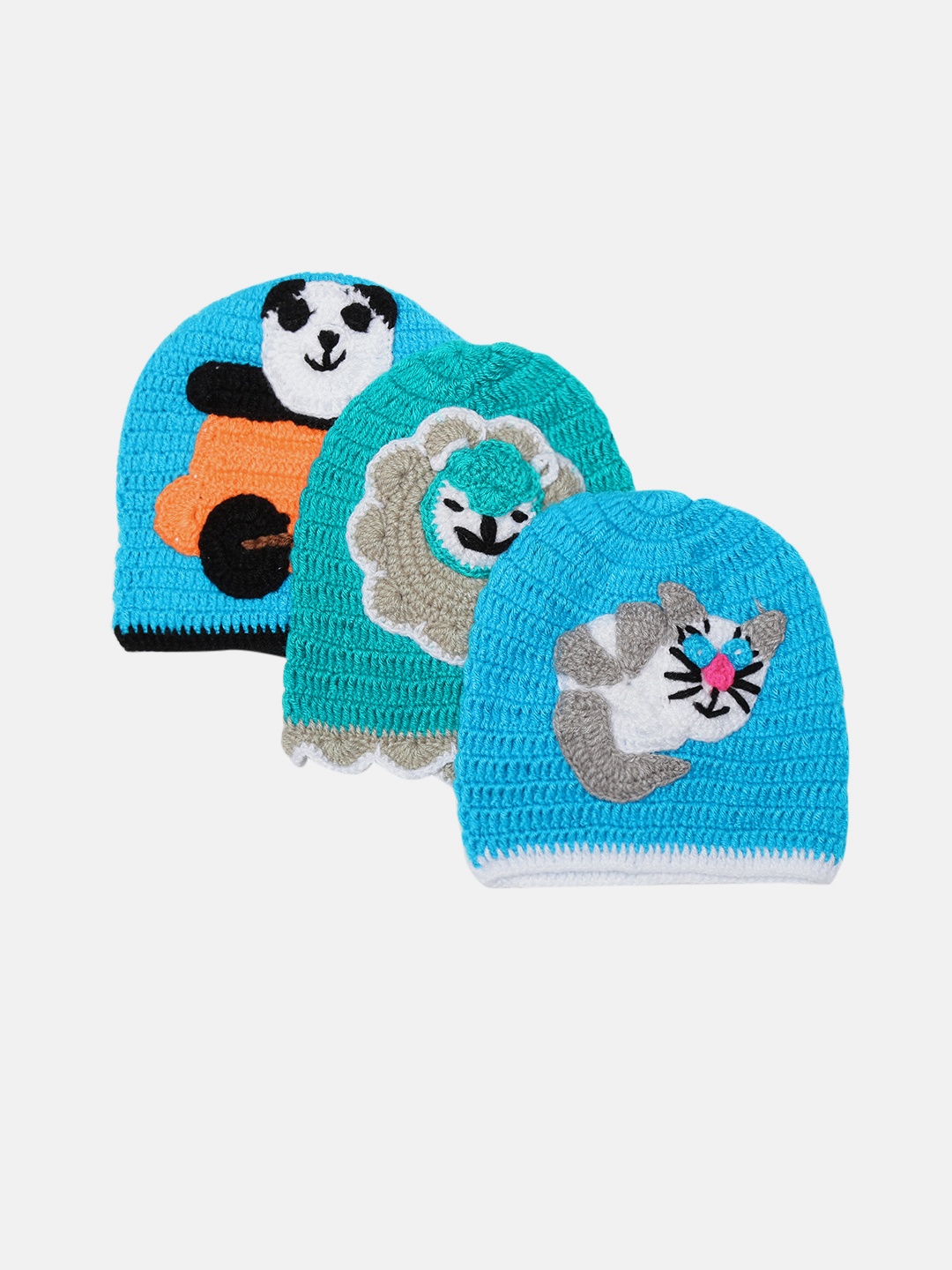 

CHUTPUT Kids Set of 3 Self-Design Woollen Beanies, Blue