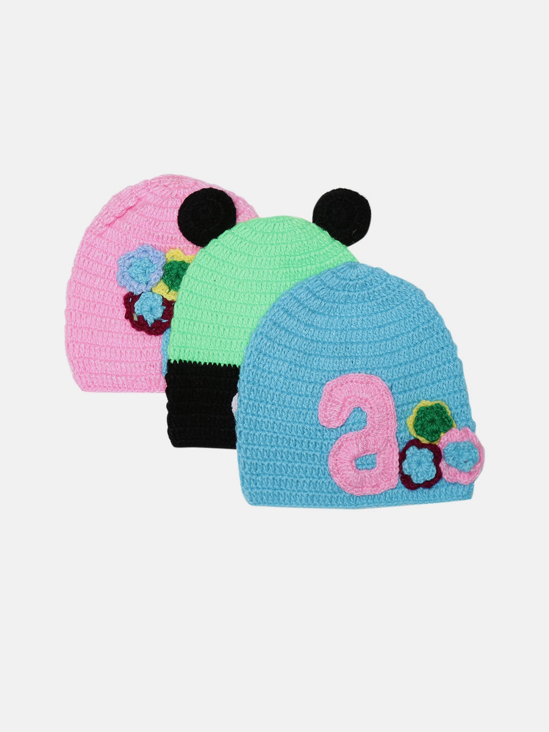 

CHUTPUT Kids Set of 3 Self-Design Woollen Beanies, Blue