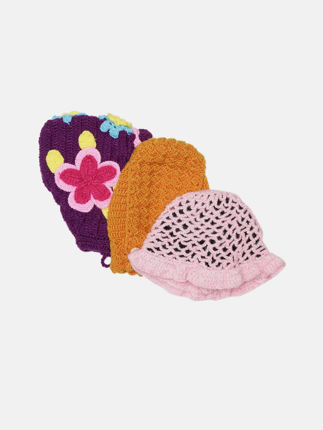 

CHUTPUT Girls Set of 3 Self-Design Woollen Beanies, Pink