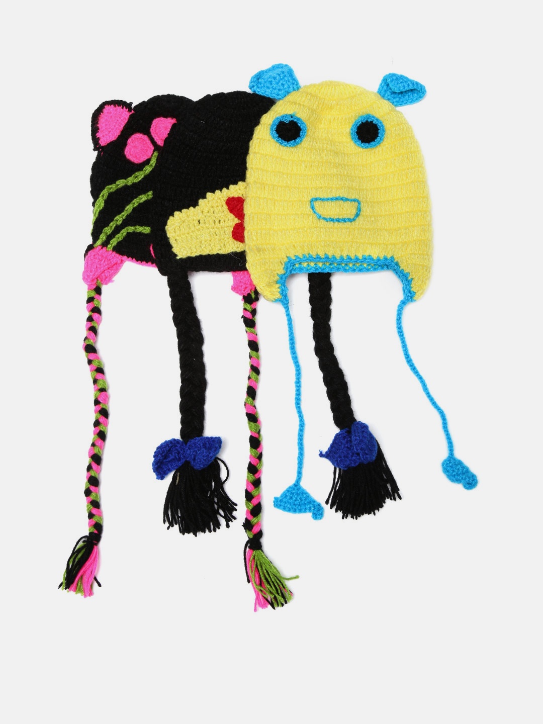 

CHUTPUT Girls Set of 3 Self-Design Woollen Beanies, Yellow