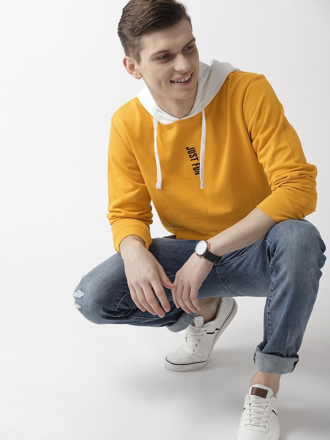 

Mast & Harbour Men Mustard Yellow Solid Hooded Sweatshirt