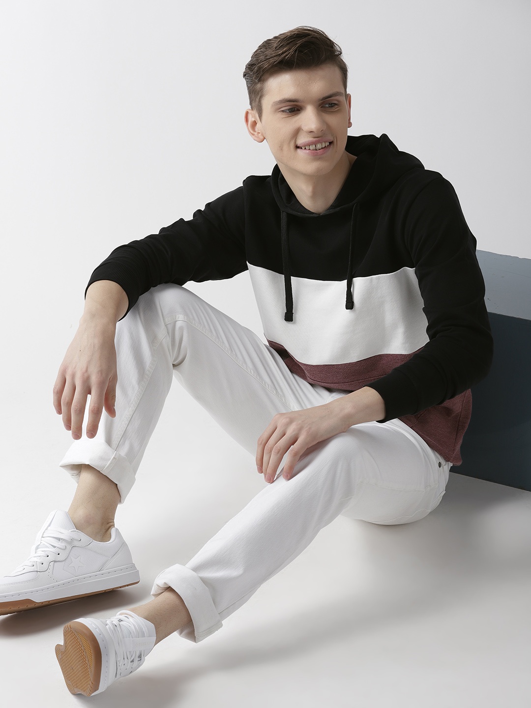 

Mast & Harbour Men Black & White Colourblocked Hooded Sweatshirt