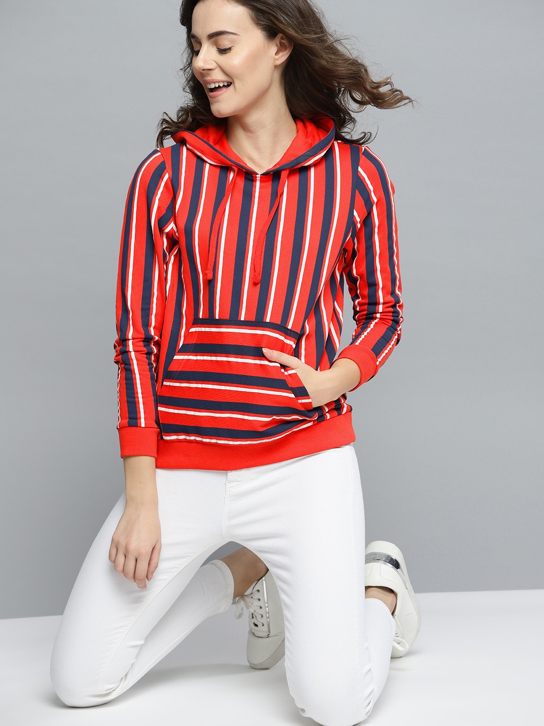 

Mast & Harbour Women Red & Blue Striped Hooded Sweatshirt
