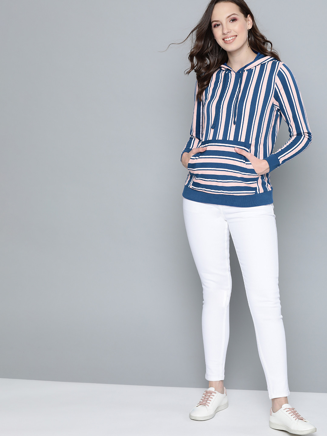 

Mast & Harbour Women Blue & Dusty Pink Striped Hooded Sweatshirt