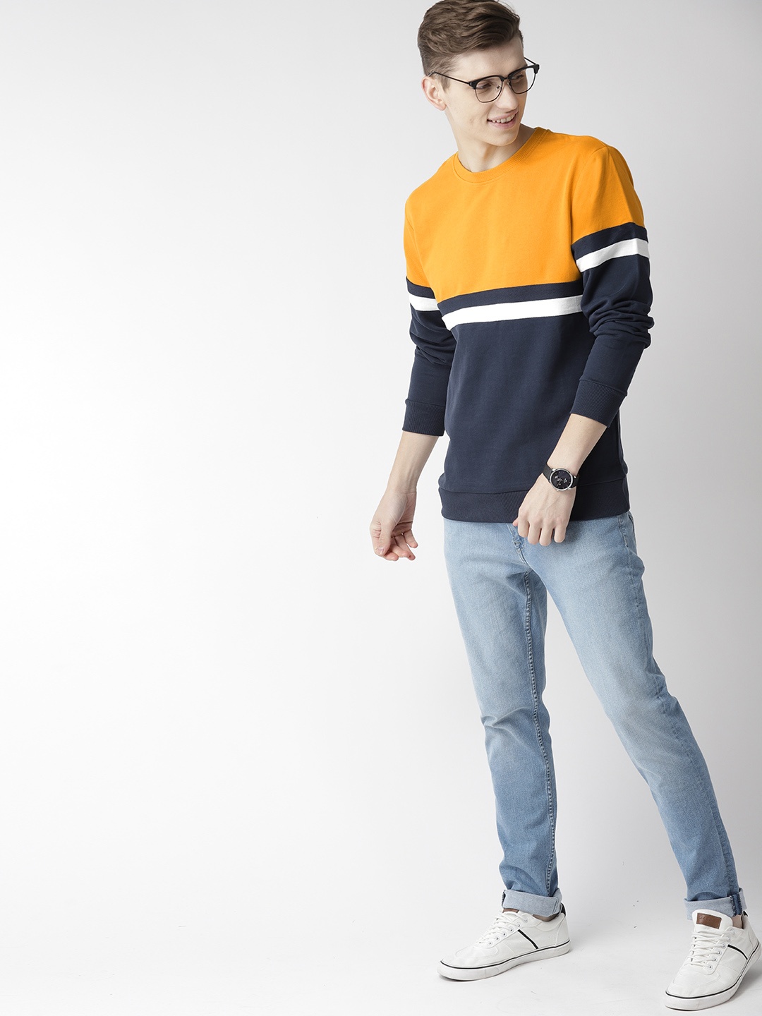 

Mast & Harbour Men Mustard Yellow & Navy Blue Colourblocked Sweatshirt